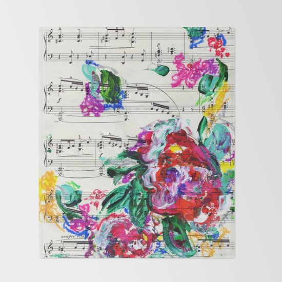 Musical Beauty Floral Abstract Piano Notes Throw Blanket By