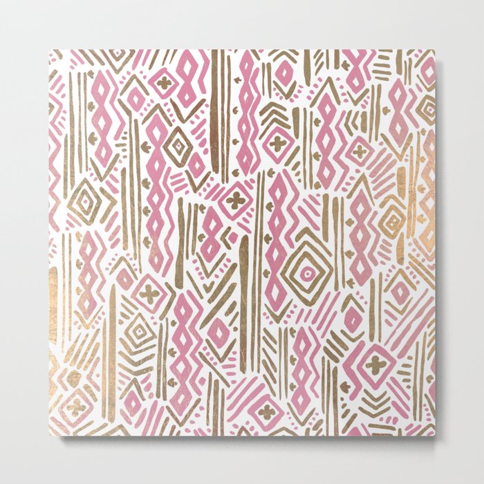 Abstract Geometric Pastel Pink White Gold Tribal Pattern Metal Print