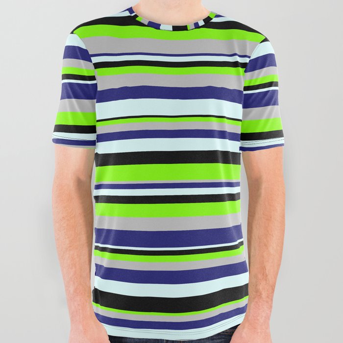 Vibrant Chartreuse, Grey, Midnight Blue, Light Cyan & Black Colored Lined/Striped Pattern All Over Graphic Tee