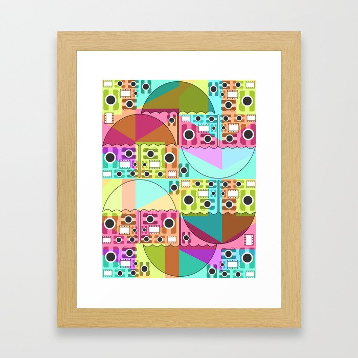 Camera pattern with colorful umbrellas Framed Art Print