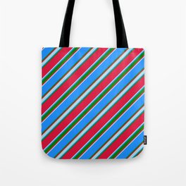 [ Thumbnail: Crimson, Powder Blue, Blue & Green Colored Pattern of Stripes Tote Bag ]