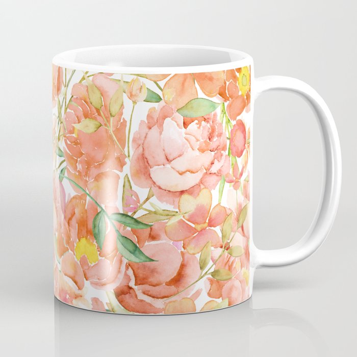 Coral Watercolor English Garden Flowers Coffee Mug