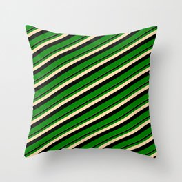 [ Thumbnail: Tan, Black & Green Colored Stripes/Lines Pattern Throw Pillow ]