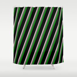 [ Thumbnail: Vibrant Aquamarine, Light Pink, Dim Gray, Green & Black Colored Lined/Striped Pattern Shower Curtain ]