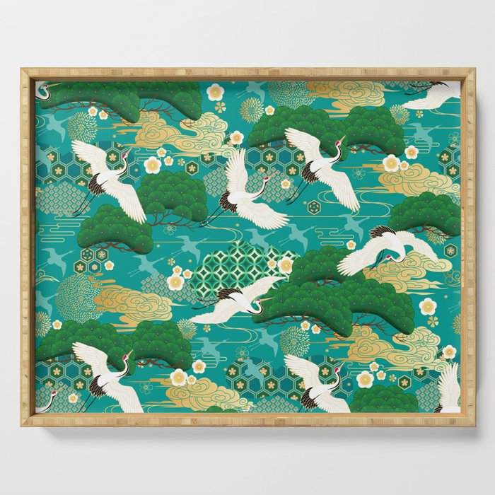 Japanese Flying Crane Aqua Mint Forest Pattern Serving Tray