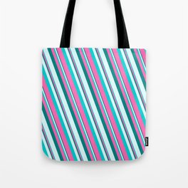 [ Thumbnail: Teal, Light Cyan, Dark Turquoise, and Hot Pink Colored Pattern of Stripes Tote Bag ]