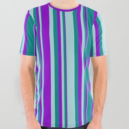 [ Thumbnail: Dark Violet, Dark Cyan, and Powder Blue Colored Lines/Stripes Pattern All Over Graphic Tee ]