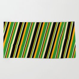 [ Thumbnail: Orange, Forest Green, Pale Goldenrod, and Black Colored Lined/Striped Pattern Beach Towel ]