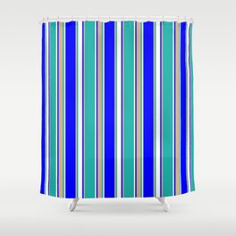 [ Thumbnail: Blue, Tan, Light Sea Green, and White Colored Striped Pattern Shower Curtain ]