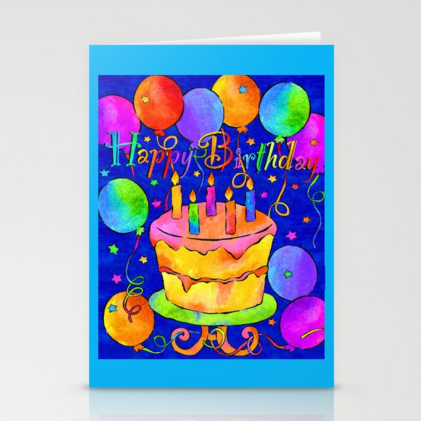 Happy Birthday Celebration with Balloons, Streamers, Cakes in Bright Colors on Blue Stationery Cards