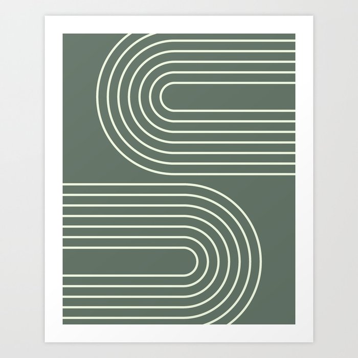 Geometric Lines Abstract Rainbow 7 in forest sage green Art Print