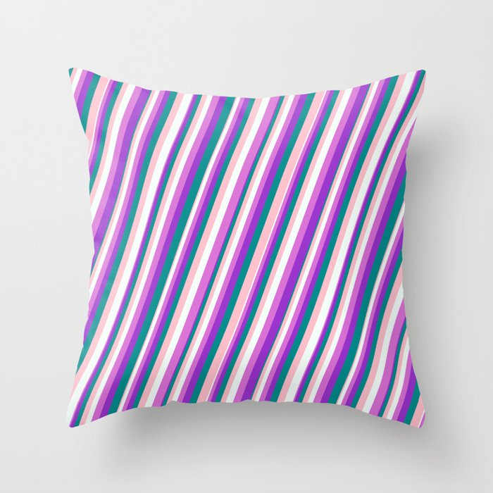 Eye-catching Pink, Mint Cream, Orchid, Dark Orchid & Dark Cyan Colored Stripes Pattern Throw Pillow