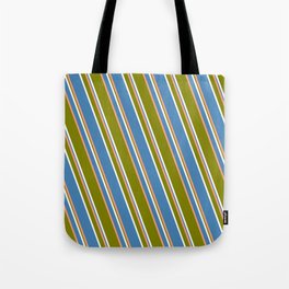 [ Thumbnail: Light Salmon, Green, White, and Blue Colored Striped Pattern Tote Bag ]