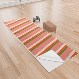 [ Thumbnail: Forest Green, Red, Beige, and Salmon Colored Lined/Striped Pattern Yoga Towel ]