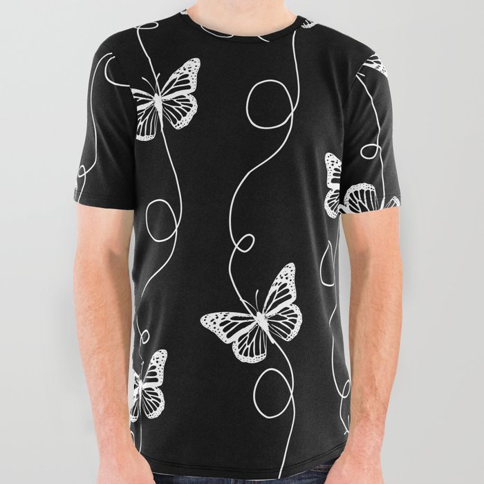 Black and White Butterfly Pattern All Over Graphic Tee