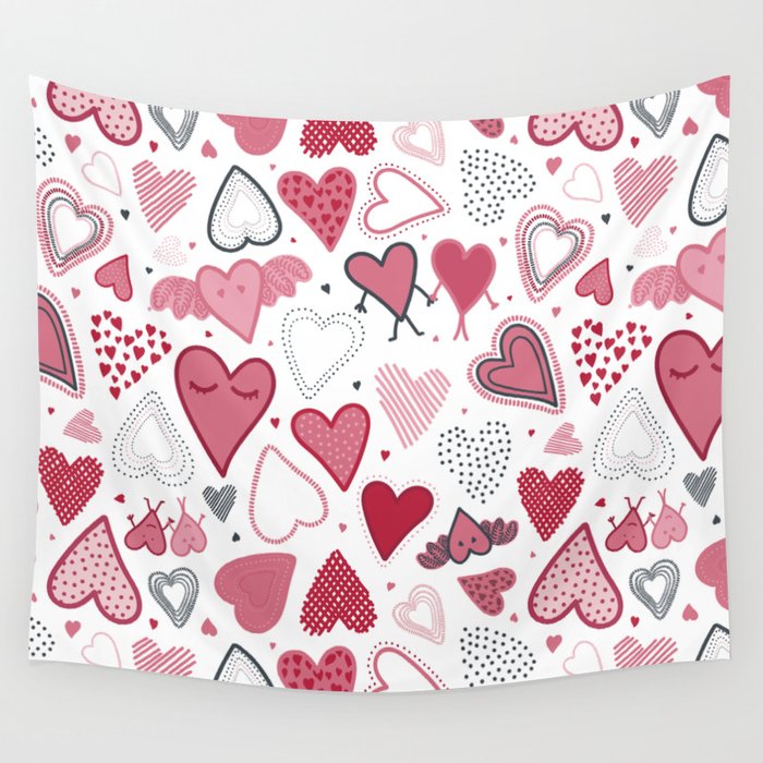 Hand drawn pacific pink and red doodle hearts pattern. Wall Tapestry