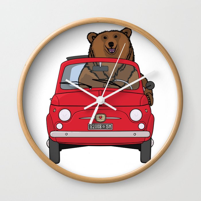 A bear driving a red vintage car Wall Clock