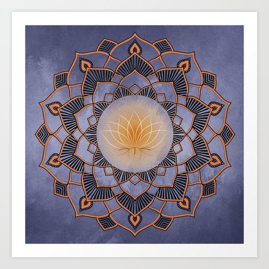 Orange Lotus Flower Mandala On A Textured Blue Background Art Print
