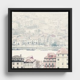 Pastel City Skyline - Urban Pink Roof Tops Travel photography by Ingrid Beddoes Framed Canvas
