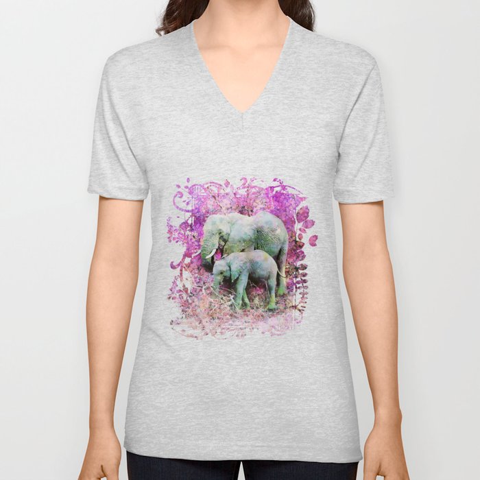 Elephant art mother child pink floral V Neck T Shirt