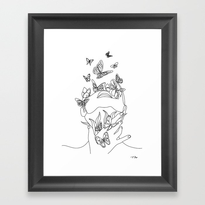 Woman face with butterfly. Line art female hands with butterflies. Abstract face with butterfly by one line drawing. Portrait minimalistic style. Botanical print. Nature symbol of cosmetics.  Framed Art Print