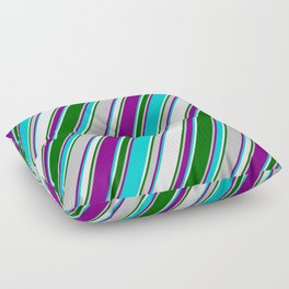 [ Thumbnail: Colorful Grey, Purple, Dark Turquoise, Mint Cream & Dark Green Colored Pattern of Stripes Floor Pillow ]