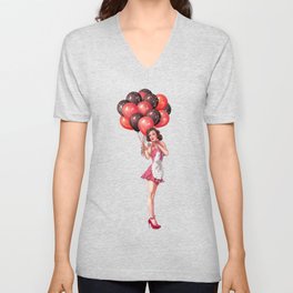 Sexy Brunette Pin Up With Tattoo, Baloons And Maid Dress V Neck T Shirt