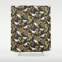 Winter Birds and Holly on Charcoal Shower Curtain