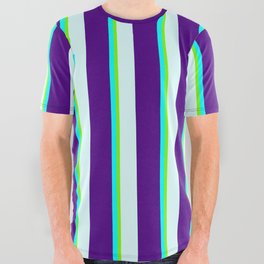 [ Thumbnail: Light Cyan, Indigo, Aqua, and Green Colored Lined/Striped Pattern All Over Graphic Tee ]