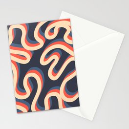 Enae - Red and Blue Retro Ribbon Swirl Line Pattern on Dark Blue Stationery Card