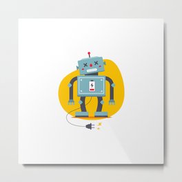 Robot Is Unplugged Need Recharge Electrical Starvation Flat Vector Character Metal Print | Gamer, Cartoon, Animal, Retro, Sport, Anime, Graphicdesign, Movie, Graphic, Funny 