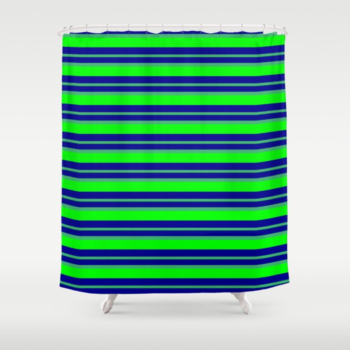 Dark Blue, Sea Green & Lime Colored Lined/Striped Pattern Shower Curtain