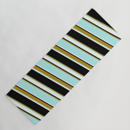[ Thumbnail: Black, Dark Goldenrod, Turquoise & Mint Cream Colored Lined Pattern Yoga Mat ]