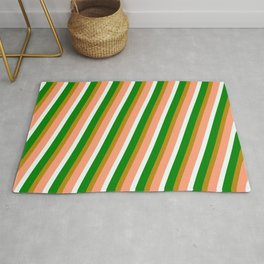 [ Thumbnail: Dark Goldenrod, Light Salmon, Mint Cream, and Green Colored Pattern of Stripes Rug ]