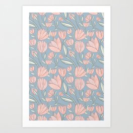 Soft Pink Florals w/ Blue Art Print