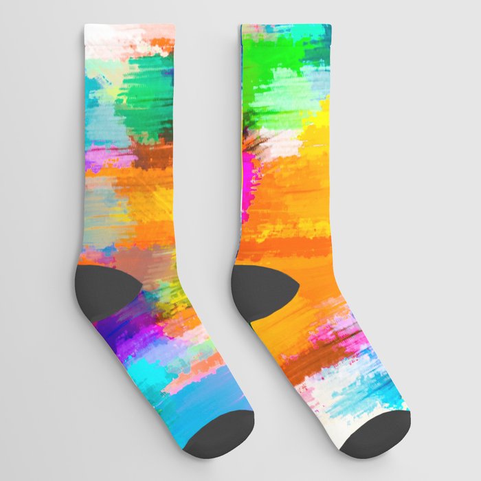 abstract splatter brush stroke painting texture background in orange pink blue yellow Socks