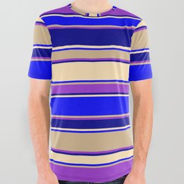 [ Thumbnail: Colorful Dark Orchid, Dark Blue, Beige, Blue & Tan Colored Striped Pattern All Over Graphic Tee ]