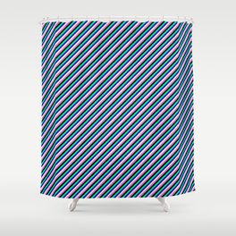 [ Thumbnail: Eyecatching Green, Blue, Beige, Orchid & Black Colored Stripes Pattern Shower Curtain ]