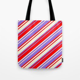 [ Thumbnail: Purple, Red, and Beige Colored Striped Pattern Tote Bag ]
