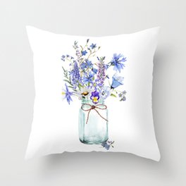 Hand Painted Scandinavian Watercolor Blue Flowers & Cornflowers  Bouquet Throw Pillow
