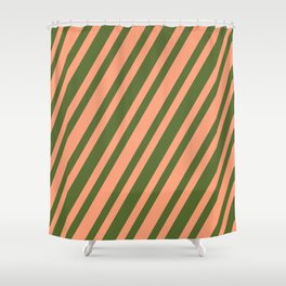 [ Thumbnail: Dark Olive Green & Light Salmon Colored Lines Pattern Shower Curtain ]