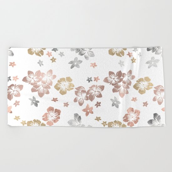Rose Gold Copper Bronze Tropical Flowers Multi Metallic Beach Towel