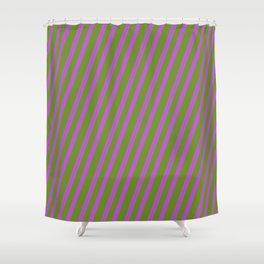 [ Thumbnail: Orchid & Green Colored Lines/Stripes Pattern Shower Curtain ]