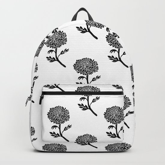 Linocut chrysanthemum floral flowers black and white scandi scandinavian Backpack