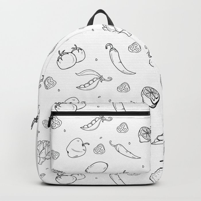 Black And White Outline Vegetables And Fruits Pattern Backpack By
