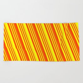 [ Thumbnail: Red & Yellow Colored Lined Pattern Beach Towel ]