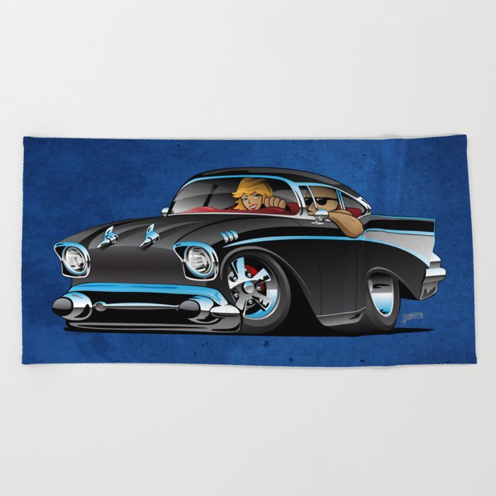 Classic Hot Rod Fifties Muscle Car With Cool Couple Cartoon Beach