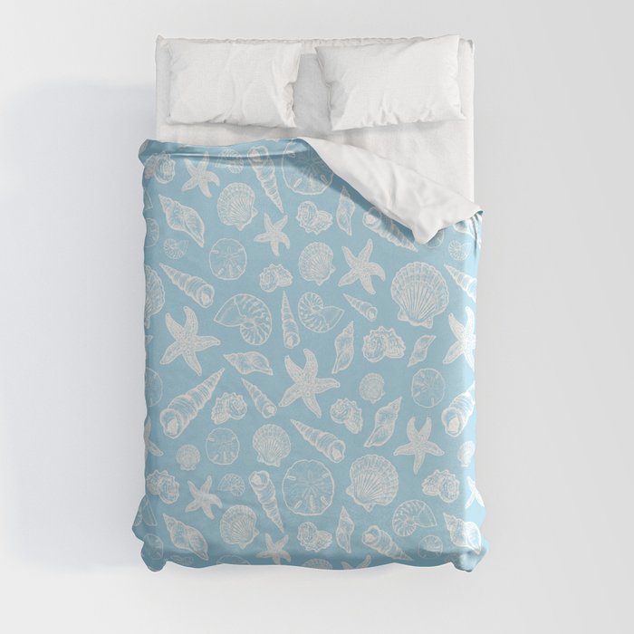Seashell Print - Light Blue and White Duvet Cover