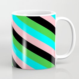 [ Thumbnail: Lime Green, Cyan, Light Pink & Black Colored Striped Pattern Coffee Mug ]