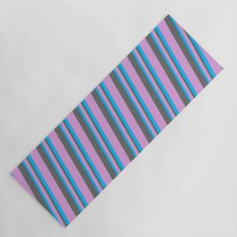 [ Thumbnail: Plum, Dim Gray, and Deep Sky Blue Colored Striped Pattern Yoga Mat ]